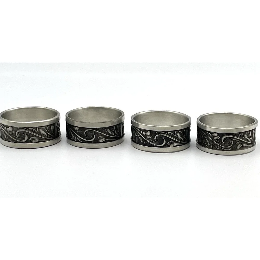 Vintage Set of 4 Norwegian Style Pewter Napkin Rings Embossed Scroll Design Box